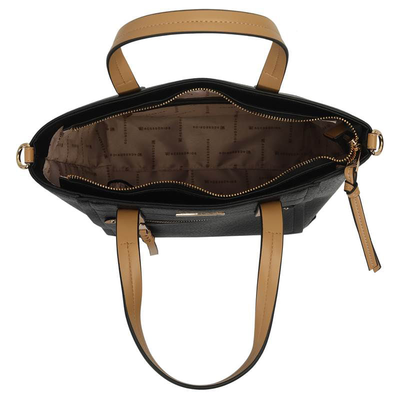 Visão superior aberta da bolsa WJ mostrando forro estampado e compartimentos internos